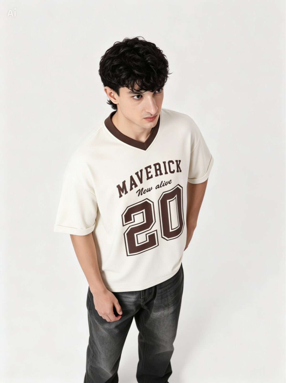 Maverick 20 Vintage Drop-Shoulder V-Neck Tee | Off-White & Brown - Swanah.Store