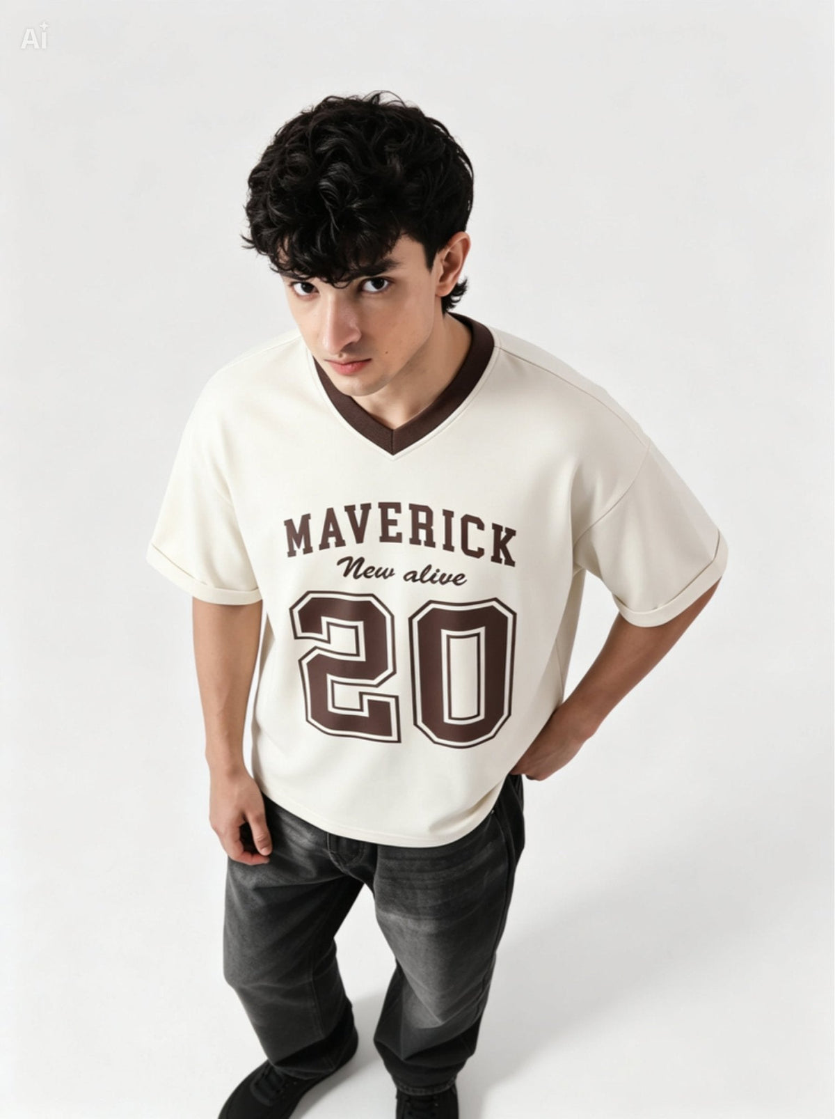 Maverick 20 Vintage Drop-Shoulder V-Neck Tee | Off-White & Brown - Swanah.Store
