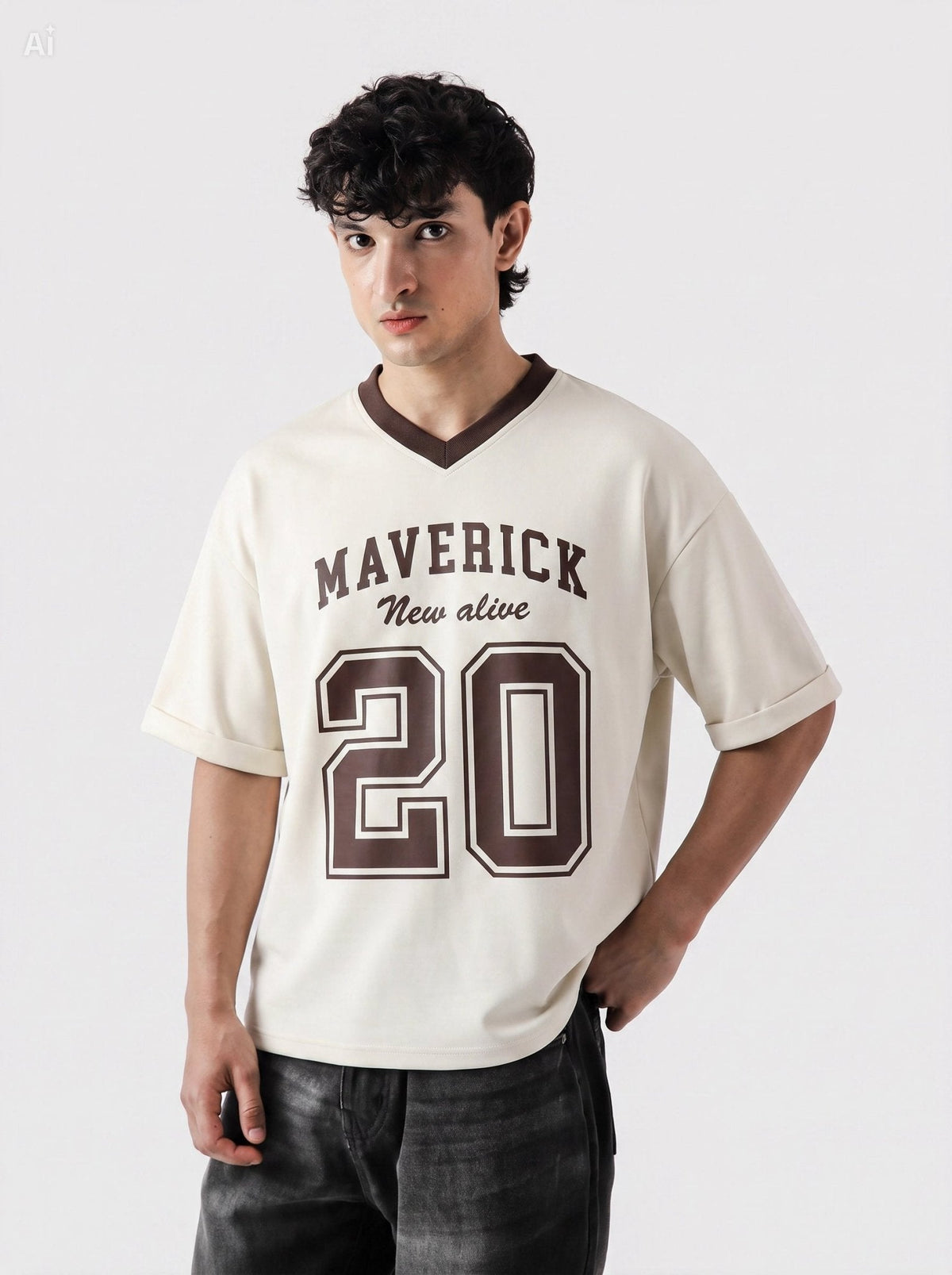 Maverick 20 Vintage Drop-Shoulder V-Neck Tee | Off-White & Brown - Swanah.Store